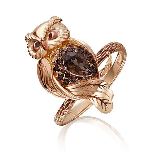 Кольцо в виде совы из золота с раухтопазом