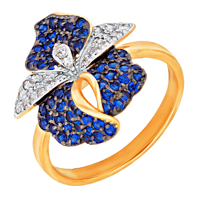 Кольцо «Орхидея» из золота с сине-белыми фианитами 
