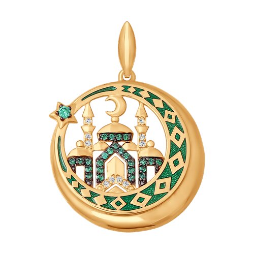Подвеска мусульманская из золота с эмалью с зелеными фианитами