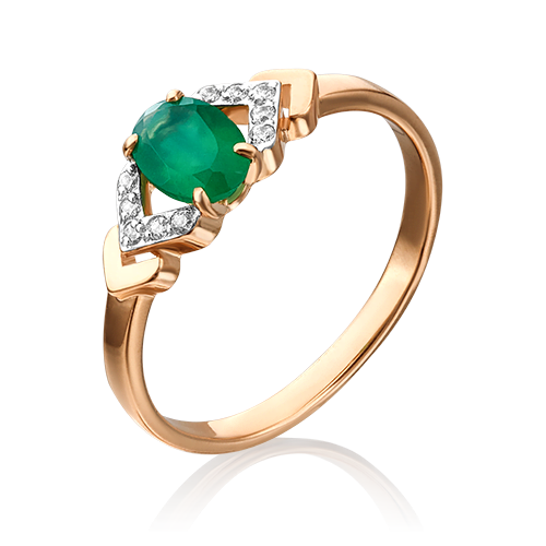 Кольцо из красного золота  с зеленым агатом с фианитами