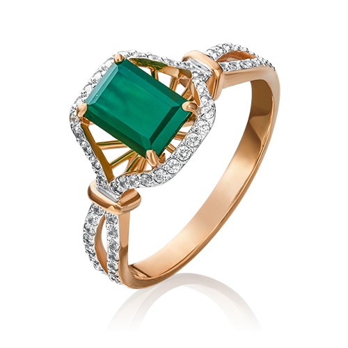 Кольцо из красного золота  с  зеленым агатом с фианитами