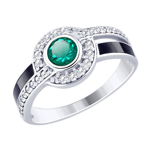 Кольцо из серебра с эмалью и зелёным ситаллом и фианитами